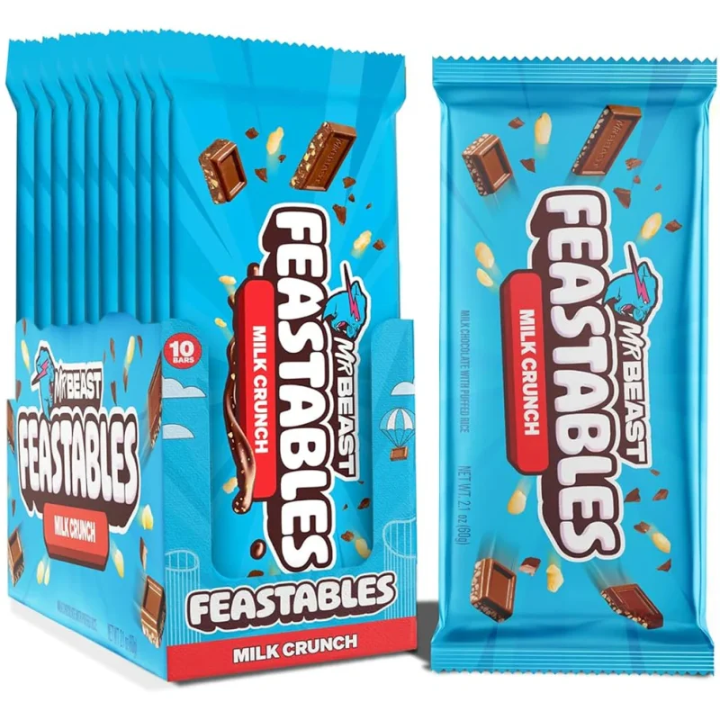 Milkcruch Feastables MrBeast Milk Crunch Milk Chocolate with Puffed Rice Bar 60g (Box of 10)